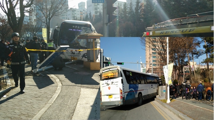 대전 119소방대원들이 2. 6. 14:30 경 만년동 네거리 버스 추돌사고 현장에 출동하여 버스내부 인명피해 및 요구조자 생체징후 확인등 현장활동에 나서고 있다.