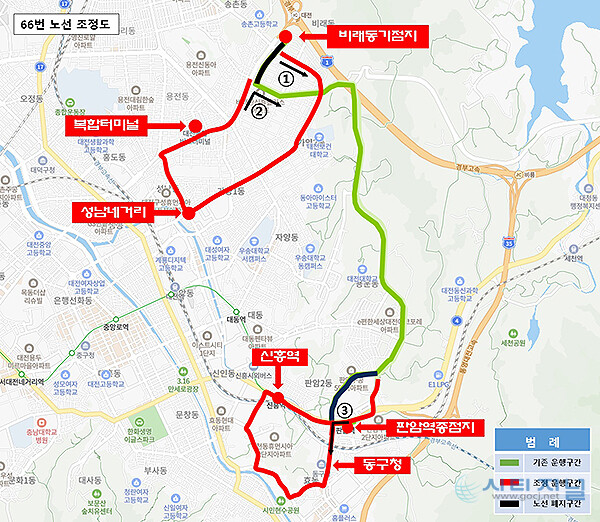 이달 29일부터 노선을 조정해 운행하는 대전 시내 버스 66번 노선도.