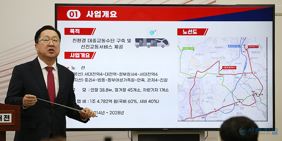 5일 이장우 대전시장이 시정 브리핑에서 대전 도시철도 2호선 트램 총 사업비 1조 4782억원으로 최정 확정됐다며, 2028년 개통에 차질이 없도록 행정력을 집중하겠다는 계획을 밝히고 있다.