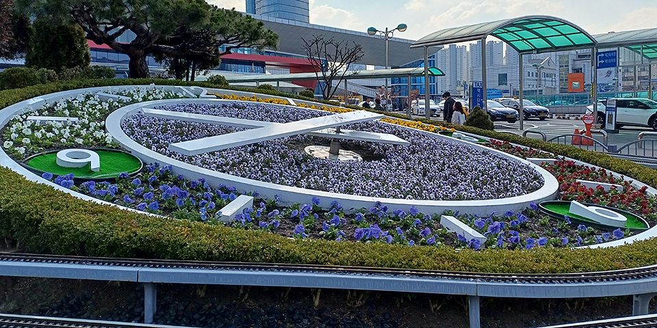 봄꽃으로 새 단장한 대전역 앞 꽃 시계의 모습.
