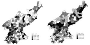 그림 2. 수출 제재(좌), 수입 제재(우)에 따른 지역별 제재 취약도를 나타낸 북한 지도