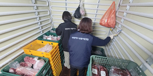 대전시 특별 사법 경찰이 생활 안전 밀접 분야 불법 행위 집중 단속 중 축산물 판매 업소를  점검하고 있다.